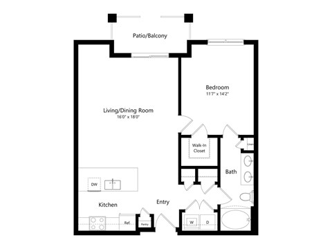 A floor plan of a home with a living room, dining room, kitchen, bathroom, and bedroom.